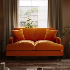 Orange Velvet Sofa 2 Seater with Saddle Arms Wood Legs Foam Filled Traditional