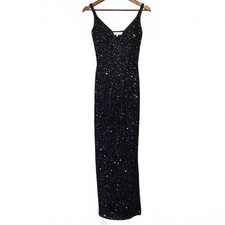 Scala Vintage 100 Silk Shell Fully Beaded Formal Evening Gown Navy XS Glam
