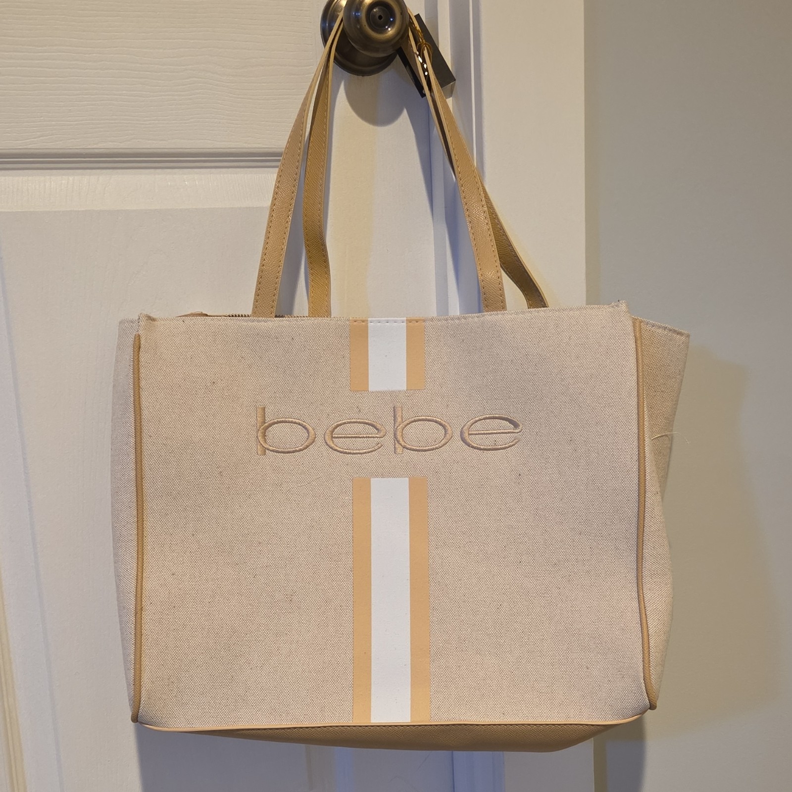 bebe Tote Paisley Almond Gold Hardware Logo Zipper Accent Inner Pockets