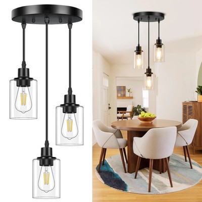 3-Light Pendant Light Fixtures, Black Pendant Lights Kitchen Island, Adjustab...
