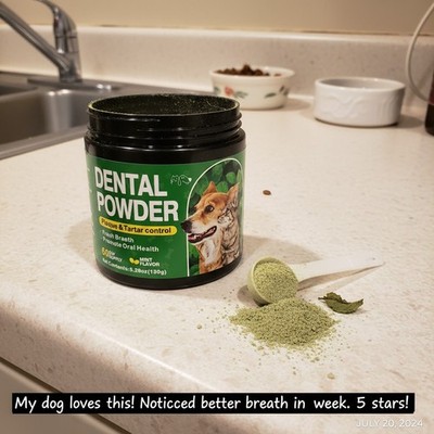 Natural Dog & Cat Dental Powder with Probiotics & Mint for Fresh Breath & Tar...