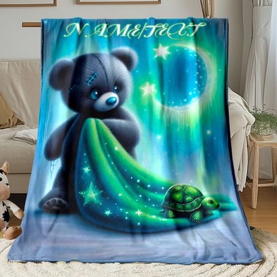 1pc ized Custom Name Bear & Moon Blanket - Soft Flannel Fleece Bedspread with