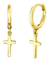 925 Sterling Silver Cross Dangle Hoop Huggie Earrings Goldtone