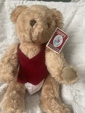 Henry Beige Plush Teddy Bear with Red Vest Outfit, Black Eyes, With Clothes