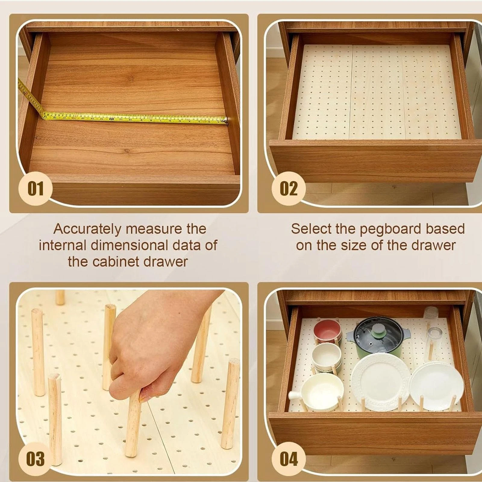 Wood Pegboard Drawer Organizer Storage Creative Sturdy Adjustable with Drawer