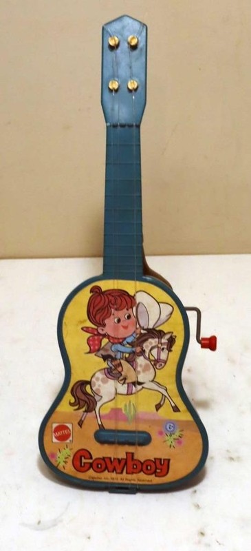 Vintage 1970 Mattel "Cowboy" Music Maker Crank Guitar Toy, Works