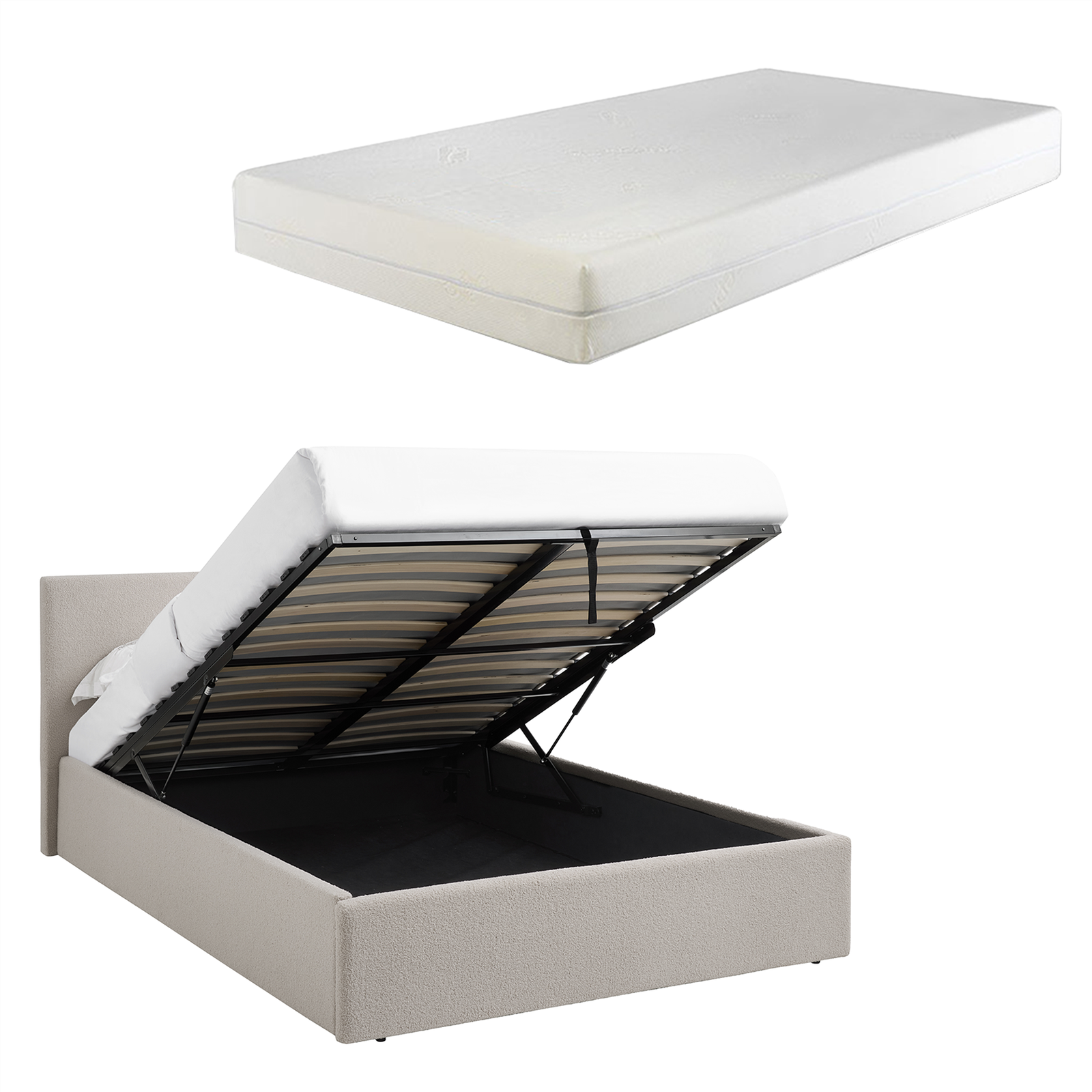 4FT6 Double Gas Lift Bedframe Cream Beige + 15cm Foam Mattress TEDDY BOUCLE