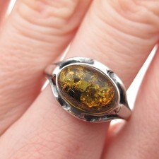 925 Sterling Silver Vintage Real Amber Modernist Oxidized Ring Size 9