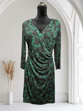 Chaps XL Black Green Floral Ruched V-Neck Sheath Dress 3/4 Sleeve Knee Length