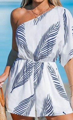 218. NWT!! Cupshe White & Navy Blue One Shoulder Romper With Pockets  Size M