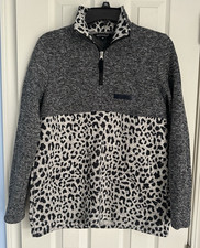 Simply Southern Women  s Gray Leopard Print 1/4 Zip Long Sleeve Fleece Pullover M