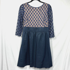 Eliza J Dress 10 Dot Mesh Bodice Fit & Flare Blue Pockets Dainty Feminine Fairy