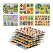 Wooden Puzzle 6 Educational Puzzles Wire Storage ABC Numbers Shapes Animals Kids