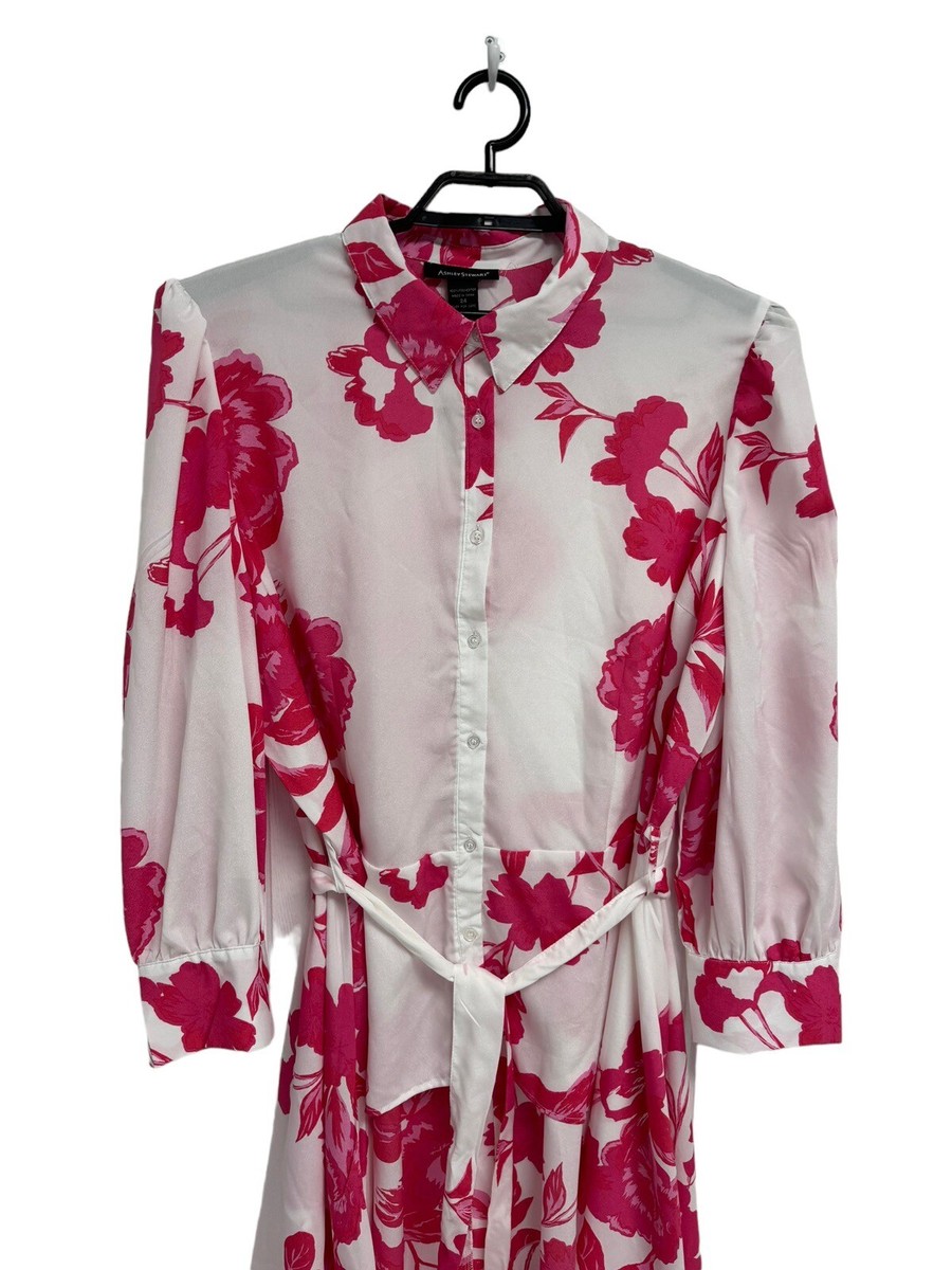 Ashley Stewart Women's Long Sleeve White Pink Floral Chiffon Blouse Dress sz 24 Ashley Stewart Women's Long Sleeve White Pink Floral Chiffon Blouse Dress sz 24