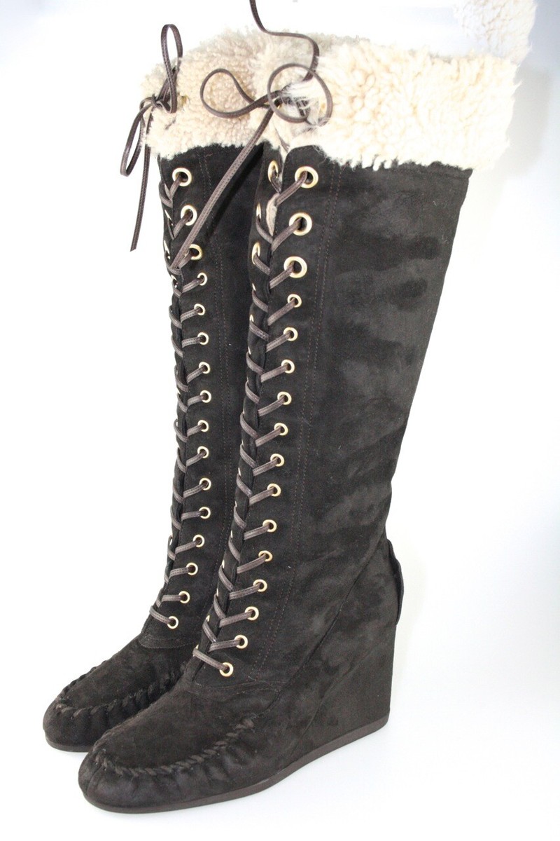 MIU MIU WEDGE SHEARLING FUR BOOTS BROWN SUEDE BY PRADA US 10.5 EU