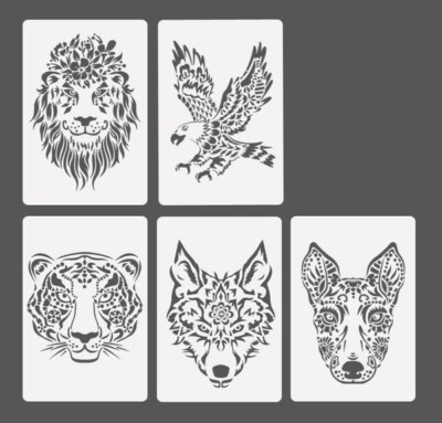 5pc Stencil / Template Set - 8''x11'' each (N35.3) Lion Eagle Tiger Wolf Dog