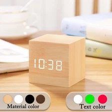  Wooden LED Alarm Clock Small Square Digital Wood Retro Glow Desktop Table Decor