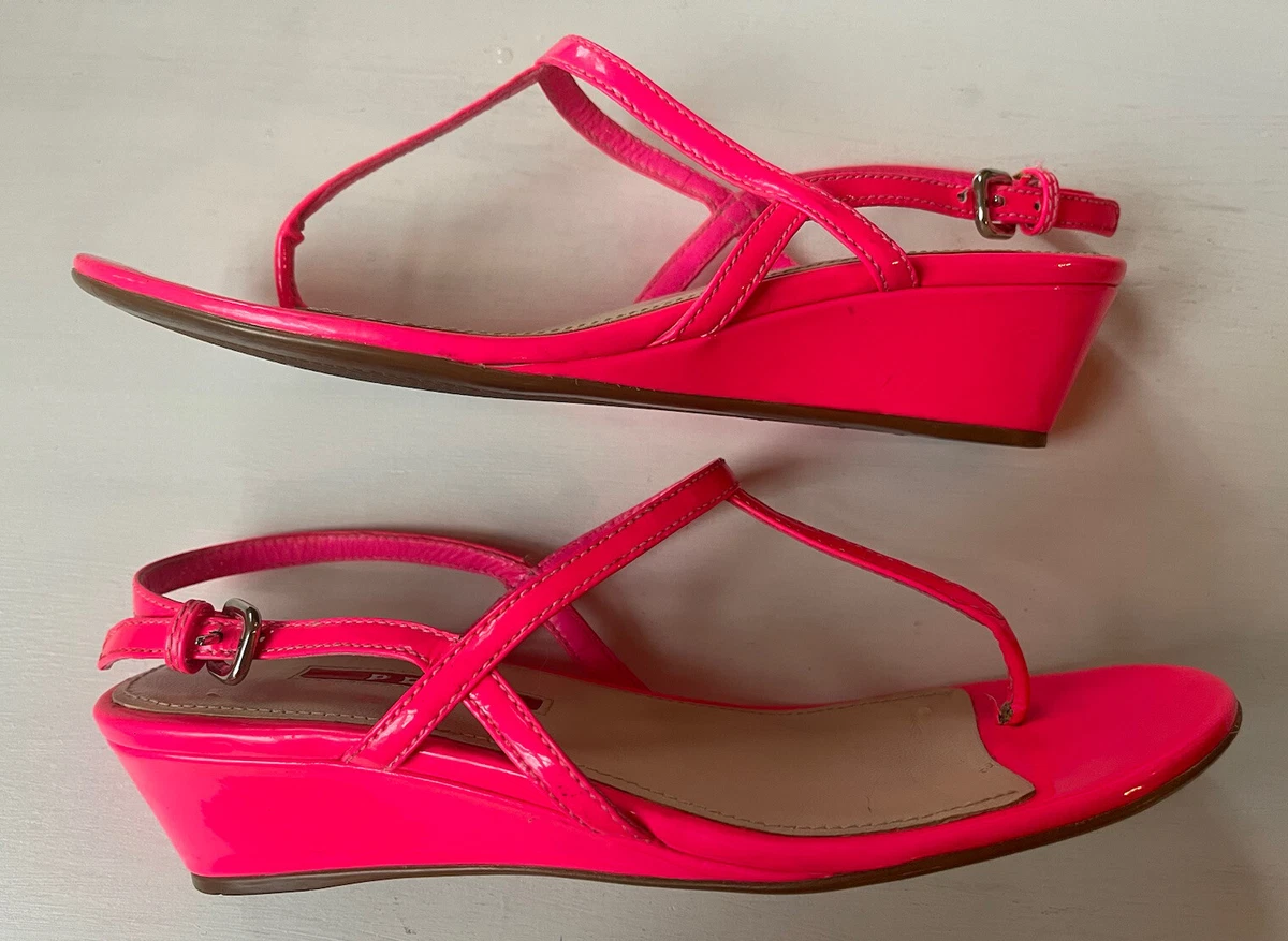 PRADA SANDALS Neon Pink Patent Leather T Strap Slingback Low Wedge Sz 36.5 6.5