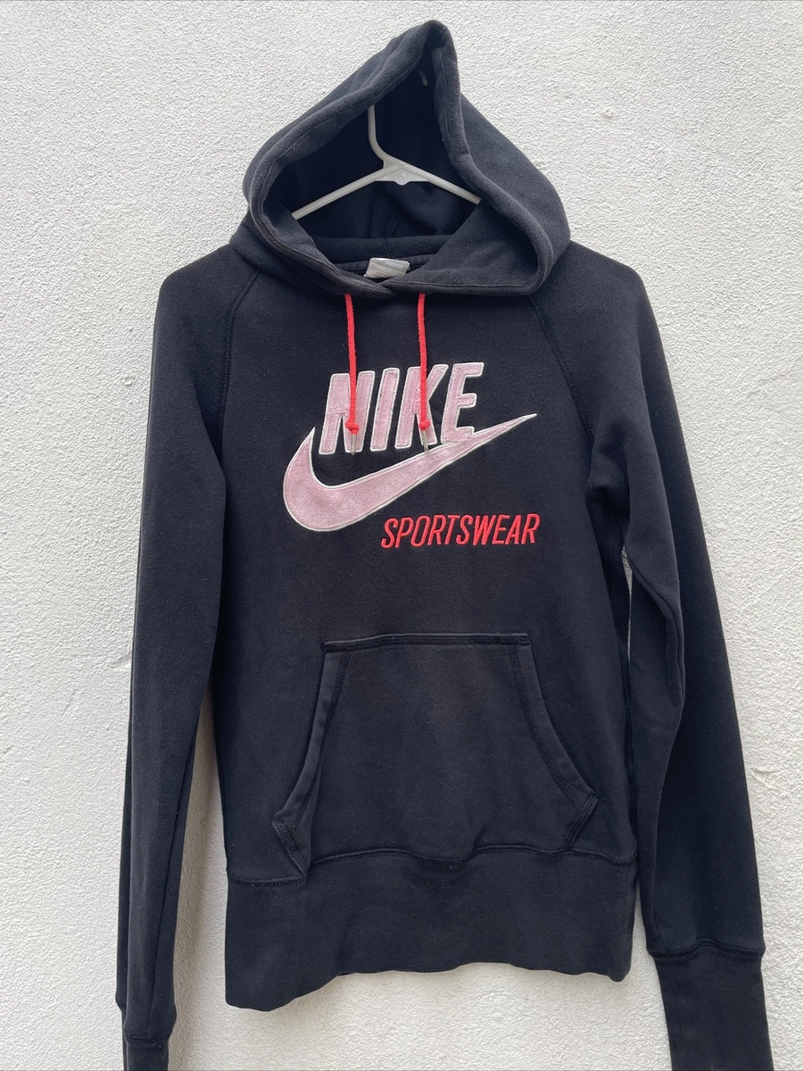 Nike Hoodie Womens Small Black Pink Swoosh Pullover Sports Gym