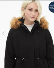 New....Faux Fur-Trimmed Hooded Parka/ size S /black