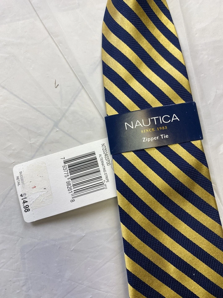 NEW NAUTICA Boys Zipper Blue Yellow Striped 100% Silk Necktie NWT - Image 2 of 4
