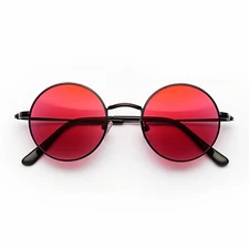 RED LENS METAL ROUND SUNGLASSES HIPSTER RETRO BLACK FRAME  43MM UVB WITH POUCH