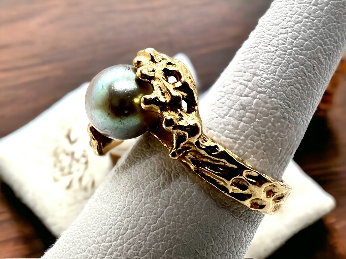 14K Solid Gold Custom Made Black Pearl Designer R… - image 1