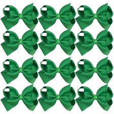 12 PCS 4 Inch Solid Green Boutique Ribbon Hair Bows Alligator Clips Girls