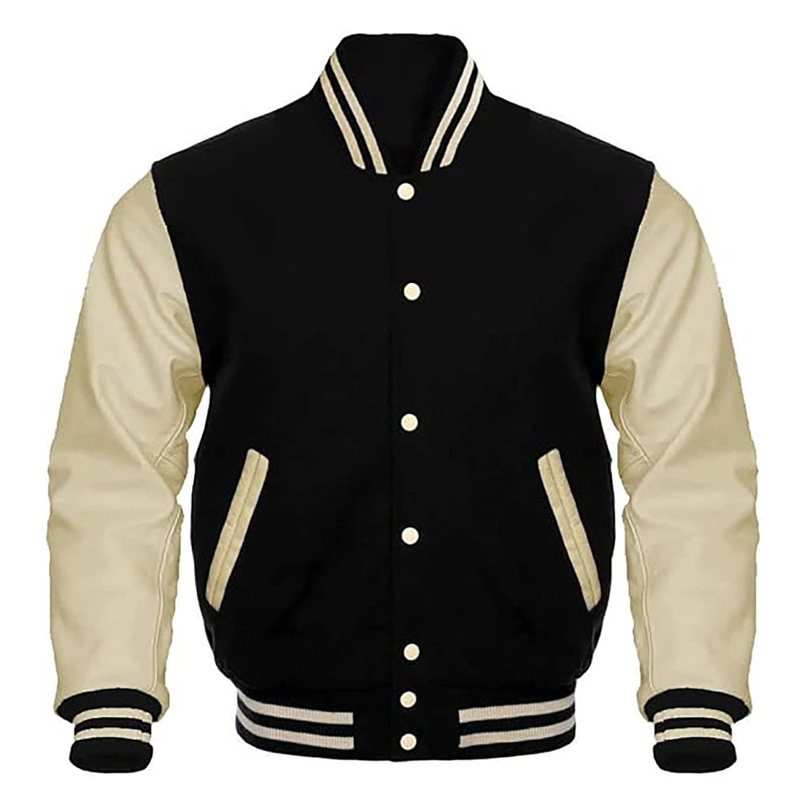 Men’s Varsity Letterman Jacket Black & Cream Wool Leather Sleeves Premium Style