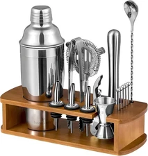 16 Piece Bartender Kit with Bamboo Stand | Cocktail Shaker Set Essential Bar Too