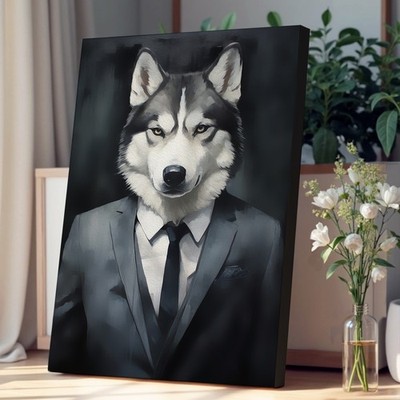 Husky im Anzug Leinwand Wandbild Kunstdruck Wohndeko fertig zum Aufhängen