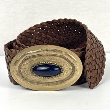 Brown Braided Woven Belt Ornate Gold Tone Oval Buckle Blue Cabochon Boho XL