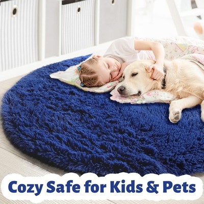 Navy Blue Round Rug 4Ft for Boys Room Bedroom, Washable Circle