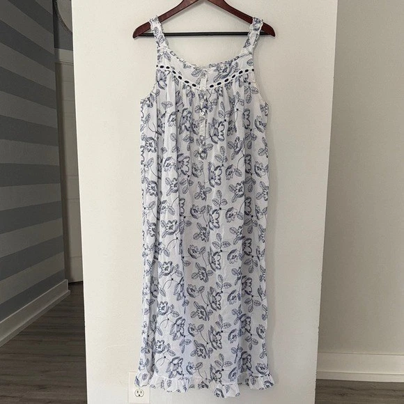 Camisón de ballet estampado sin mangas de algodón grande azul floral Eileen West para mujer Foto 2 de 4