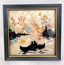 Vintage Silhouette Picture 2 People in Canoe Pressed Flowers 4 x 4 Inch