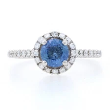 White Gold Sapphire & Diamond Halo Engagement Ring -14k Round 1.42ctw Euro Shank