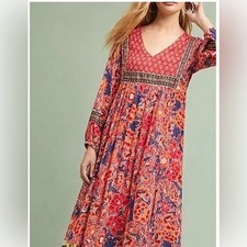 Anthropologie RD + Koko Floral Jacinto Peasant Dress Size XS Boho