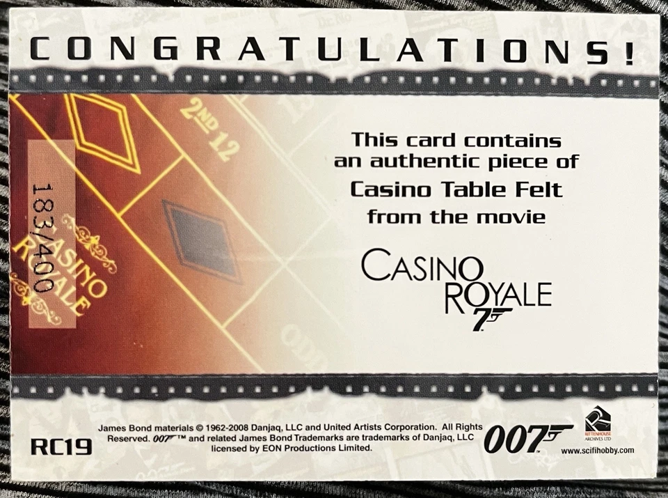 EXT RARE 2008 James Bond (DOUBLE 0 VARIATION) Casino Table Felt Relic /400 RC19 - Image 2 of 2