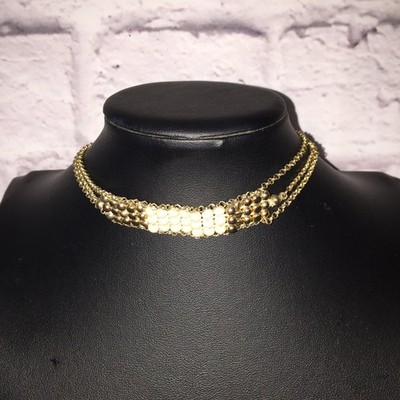 Multi-Strand Choker Necklace Adjustable Gold Tone Cream Acrylic Beads Statement