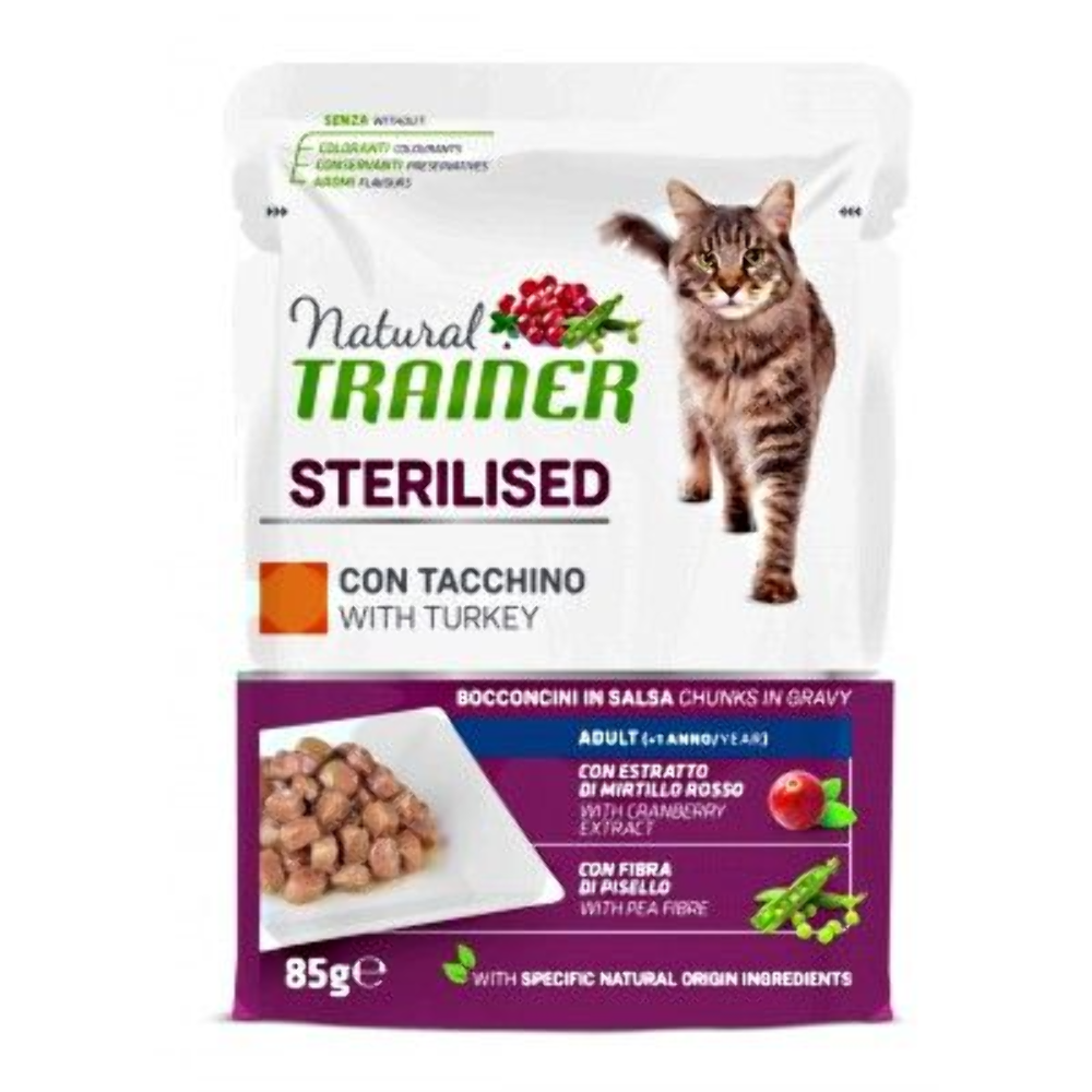 NATURAL TRAINER CAT ADULT BUSTINE STERILIZZATO CON TACCHINO 85 GR.