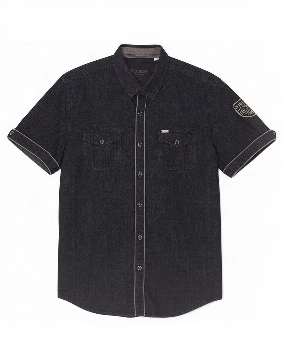 Camisa Guess Para Hombres Gráfica Manga Corta Reino Unido 40 Grande Negra Cuadros Algodón JR07