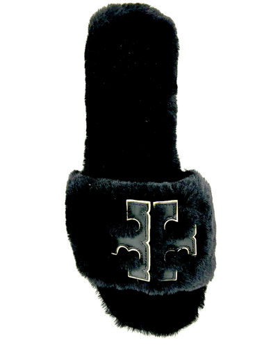 TORY BURCH SPORT SLIDE SLIPPER SHEARLING WITH BLACK/GOLD LEATHER LOGO SZ 10 NIB - Picture 4 of 12