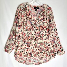 NINE WEST JEANS Shirt Scallop Shell Botanical Georgia Roll Tap Sleeve Size M