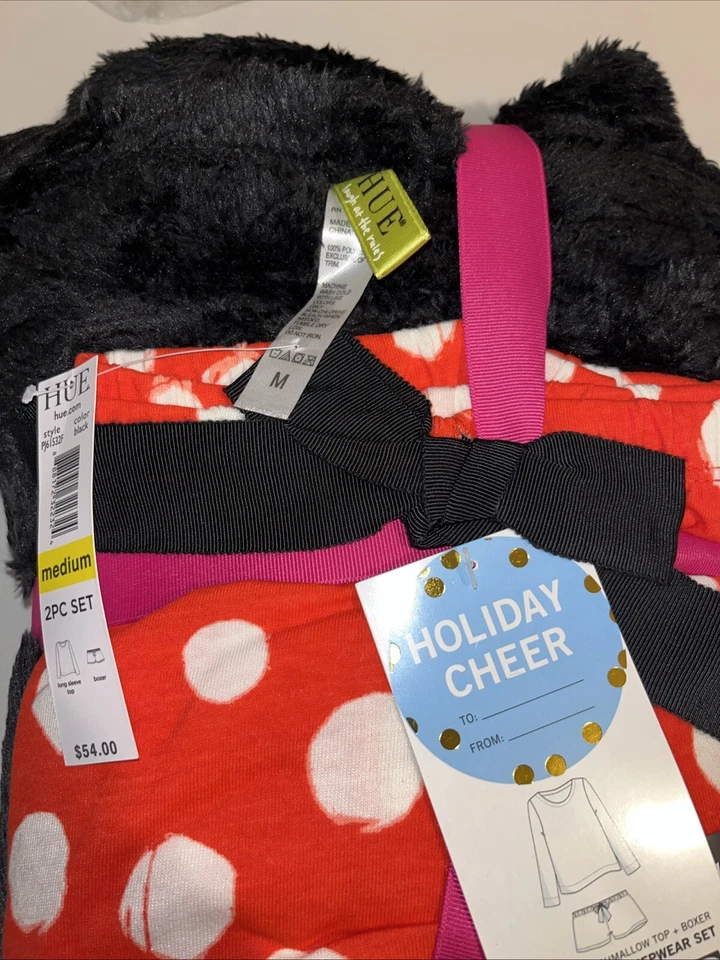 Новый с Ярлыками HUE женщин 2шт Sleepwear комплект, черный топ и в горошек красный боксеры средний #5-0115 - Изображение 3 из 4