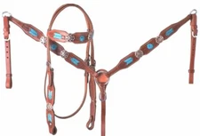 Western Horse Bling! Tack Set Bridle + Breast Collar w/ Turquoise Leather Lacing