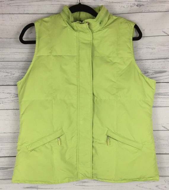 Talbots Women's Medium Lime Green Down Zip Up Snap Hide Away Hood Vest