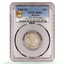 Czech Bohemia 3 kreuzers Leopold II Prague KM-590 MS62 PCGS silver coin 1700