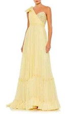 Mac Duggal Lemon Yellow Metallic Stripe Beaded One-Shoulder Gown Sz 2 $598 Prom