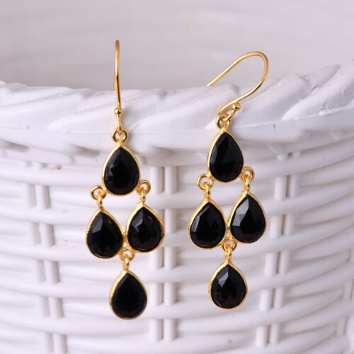 Boucles d'oreilles lustre plaqué or 18 carats en pierre précieuse noire onyx - Photo 1 sur 10