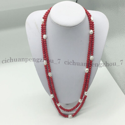 5x8mm Faceted Red Crystal 9-10mm White Freshwater Pearl Beads Long Wrap Necklace
